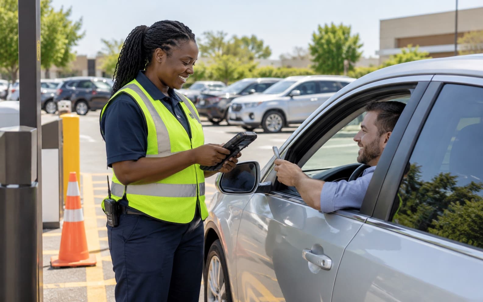 A parking attendant in a safety vest checking in a vehicle at a lot entrance.